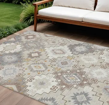 10' X 14' Ivory Gold And Gray Southwestern Washable Indoor Outdoor Area Rug