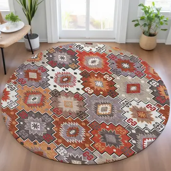 8' Rust Lavender And Ivory Round Southwestern Washable Indoor Outdoor Area Rug