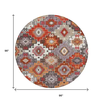 8' Rust Lavender And Ivory Round Southwestern Washable Indoor Outdoor Area Rug
