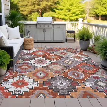 9' X 12' Rust Lavender And Ivory Southwestern Washable Indoor Outdoor Area Rug