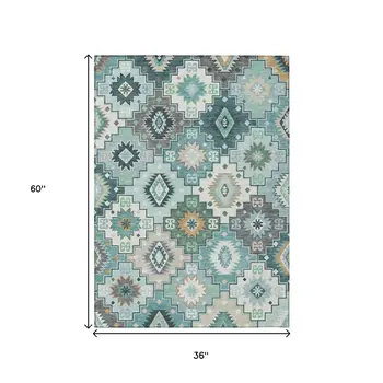 3' X 5' Teal Blue Beige And Ivory Southwestern Washable Indoor Outdoor Area Rug