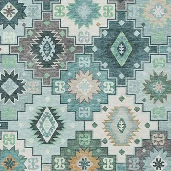 3' X 5' Teal Blue Beige And Ivory Southwestern Washable Indoor Outdoor Area Rug