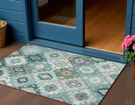 3' X 5' Teal Blue Beige And Ivory Southwestern Washable Indoor Outdoor Area Rug
