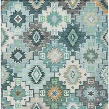 5' X 8' Teal Blue Beige And Ivory Southwestern Washable Indoor Outdoor Area Rug