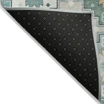 5' X 8' Teal Blue Beige And Ivory Southwestern Washable Indoor Outdoor Area Rug
