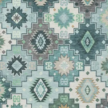 5' X 8' Teal Blue Beige And Ivory Southwestern Washable Indoor Outdoor Area Rug