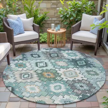 8' Teal Blue Beige And Ivory Round Southwestern Washable Indoor Outdoor Area Rug