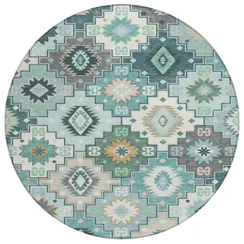 8' Teal Blue Beige And Ivory Round Southwestern Washable Indoor Outdoor Area Rug