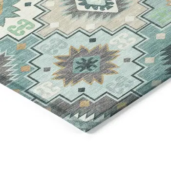 8' Teal Blue Beige And Ivory Round Southwestern Washable Indoor Outdoor Area Rug