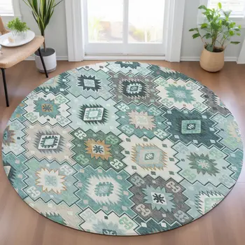 8' Teal Blue Beige And Ivory Round Southwestern Washable Indoor Outdoor Area Rug