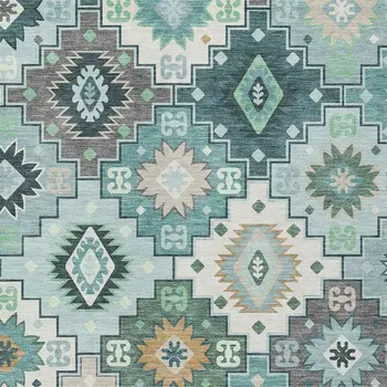 8' X 10' Teal Blue Beige And Ivory Southwestern Washable Indoor Outdoor Area Rug