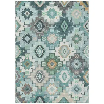 9' X 12' Teal Blue Beige And Ivory Southwestern Washable Indoor Outdoor Area Rug