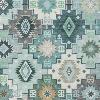 9' X 12' Teal Blue Beige And Ivory Southwestern Washable Indoor Outdoor Area Rug