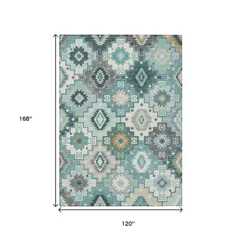 10' X 14' Teal Blue Beige And Ivory Southwestern Washable Indoor Outdoor Area Rug