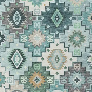 10' X 14' Teal Blue Beige And Ivory Southwestern Washable Indoor Outdoor Area Rug