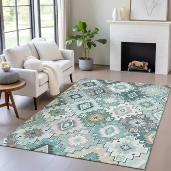 10' X 14' Teal Blue Beige And Ivory Southwestern Washable Indoor Outdoor Area Rug