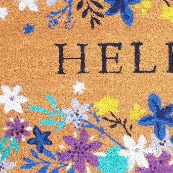 17" X 29" Natural Blue And Purple Floral Hello Outdoor Coir Door Mat