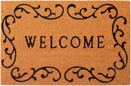 17" X 29" Natural And Black Scrollwork Welcome Outdoor Coir Door Mat