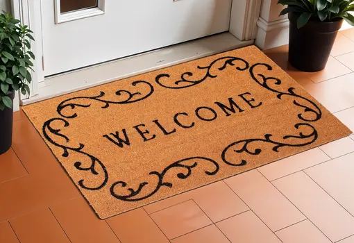 17" X 29" Natural And Black Scrollwork Welcome Outdoor Coir Door Mat