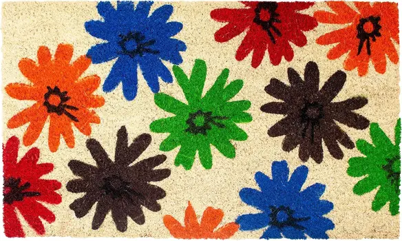 17" X 29" Natural Blue Green And Orange  Floral Outdoor Coir Door Mat