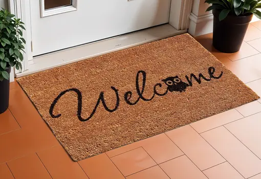 17" X 29" Black And Natural Owl Welcome Outdoor Coir Door Mat