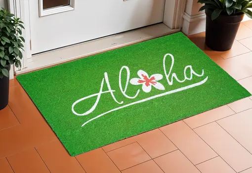 17" X 29" Green And White Aloha Outdoor Coir Door Mat