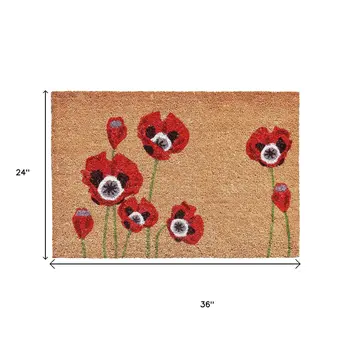 24" X 36" Natural And Red Coir Floral Outdoor Door Mat