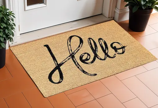 24" X 36" Natural And Black Hello Distressed Outdoor Coir Door Mat