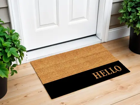 24" X 36" Natural And Black Color Block Hello Outdoor Coir Door Mat