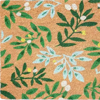 24" X 36" Natural And Green Botanical Leaves Outdoor Coir Door Mat