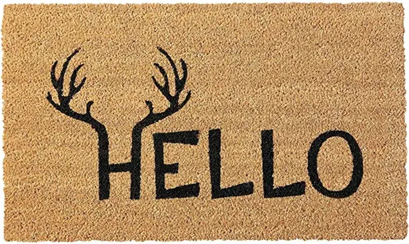 24" X 36" Natural And Black Hello With Antlers Outdoor Coir Door Mat