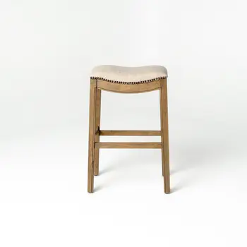 31" Beige and Brown Fabric and Solid Wood Backless Bar Height Bar Chair