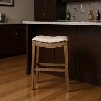 31" Beige and Brown Fabric and Solid Wood Backless Bar Height Bar Chair