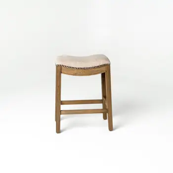 26" Beige and Brown Fabric and Solid Wood Backless Counter Height Bar Chair
