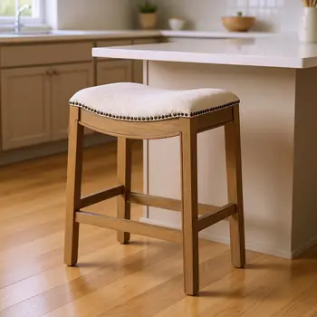26" Beige and Brown Fabric and Solid Wood Backless Counter Height Bar Chair
