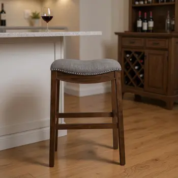 31" Gray and Brown Fabric and Solid Wood Backless Bar Height Bar Chair