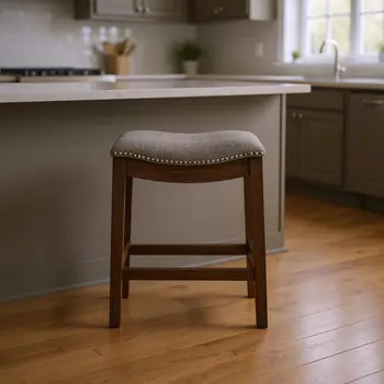 26" Gray and Brown Fabric and Solid Wood Backless Counter Height Bar Chair