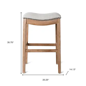 31" Beige and Natural Fabric and Solid Wood Backless Bar Height Bar Chair