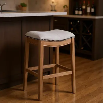 31" Beige and Natural Fabric and Solid Wood Backless Bar Height Bar Chair