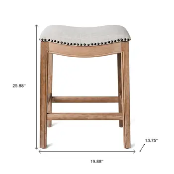 26" Beige and Natural Fabric and Solid Wood Backless Counter Height Bar Chair