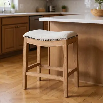 26" Beige and Natural Fabric and Solid Wood Backless Counter Height Bar Chair