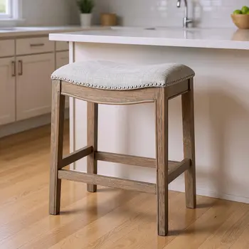 26" Gray and Oak Fabric and Solid Wood Backless Counter Height Bar Chair