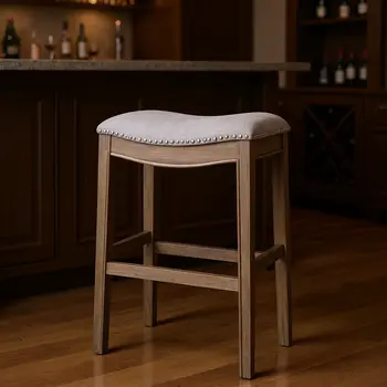31" Gray and Oak Fabric and Solid Wood Backless Bar Height Bar Chair