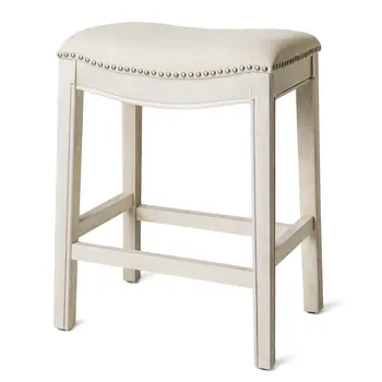 26" Bone and Antiqued White Fabric and Solid Wood Backless Counter Height Bar Chair