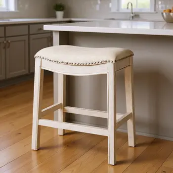 26" Bone and Antiqued White Fabric and Solid Wood Backless Counter Height Bar Chair
