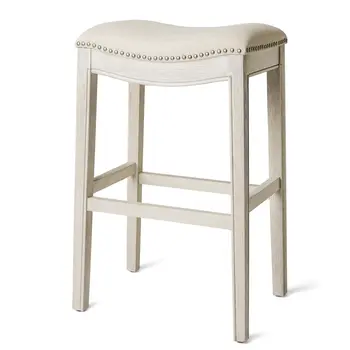 31" Bone and Antiqued White Fabric and Solid Wood Backless Bar Height Bar Chair