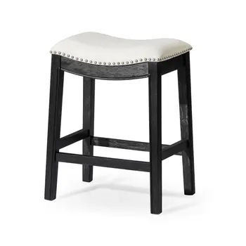26" White and Black Fabric and Solid Wood Backless Counter Height Bar Chair