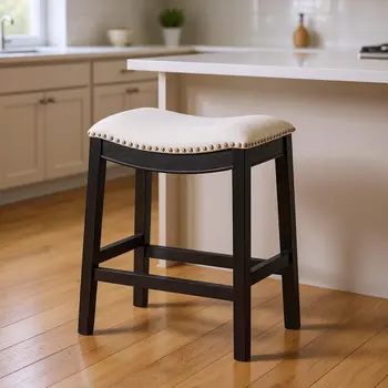 26" White and Black Fabric and Solid Wood Backless Counter Height Bar Chair