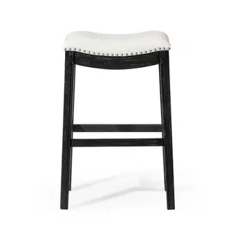 31" White and Black Fabric and Solid Wood Backless Bar Height Bar Chair