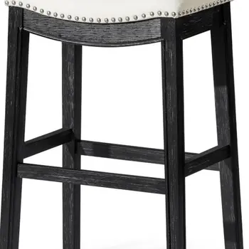 31" White and Black Fabric and Solid Wood Backless Bar Height Bar Chair